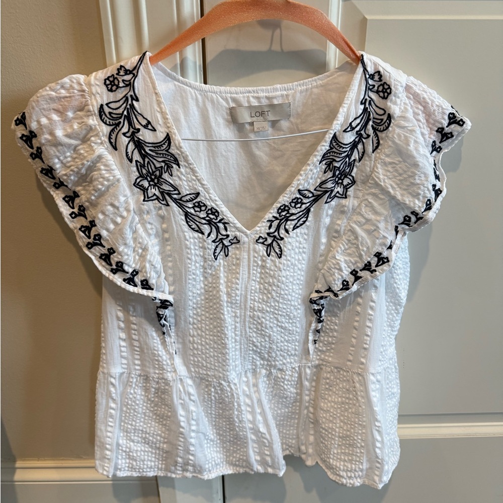 LOFT White Ruffled Sleeve Blouse